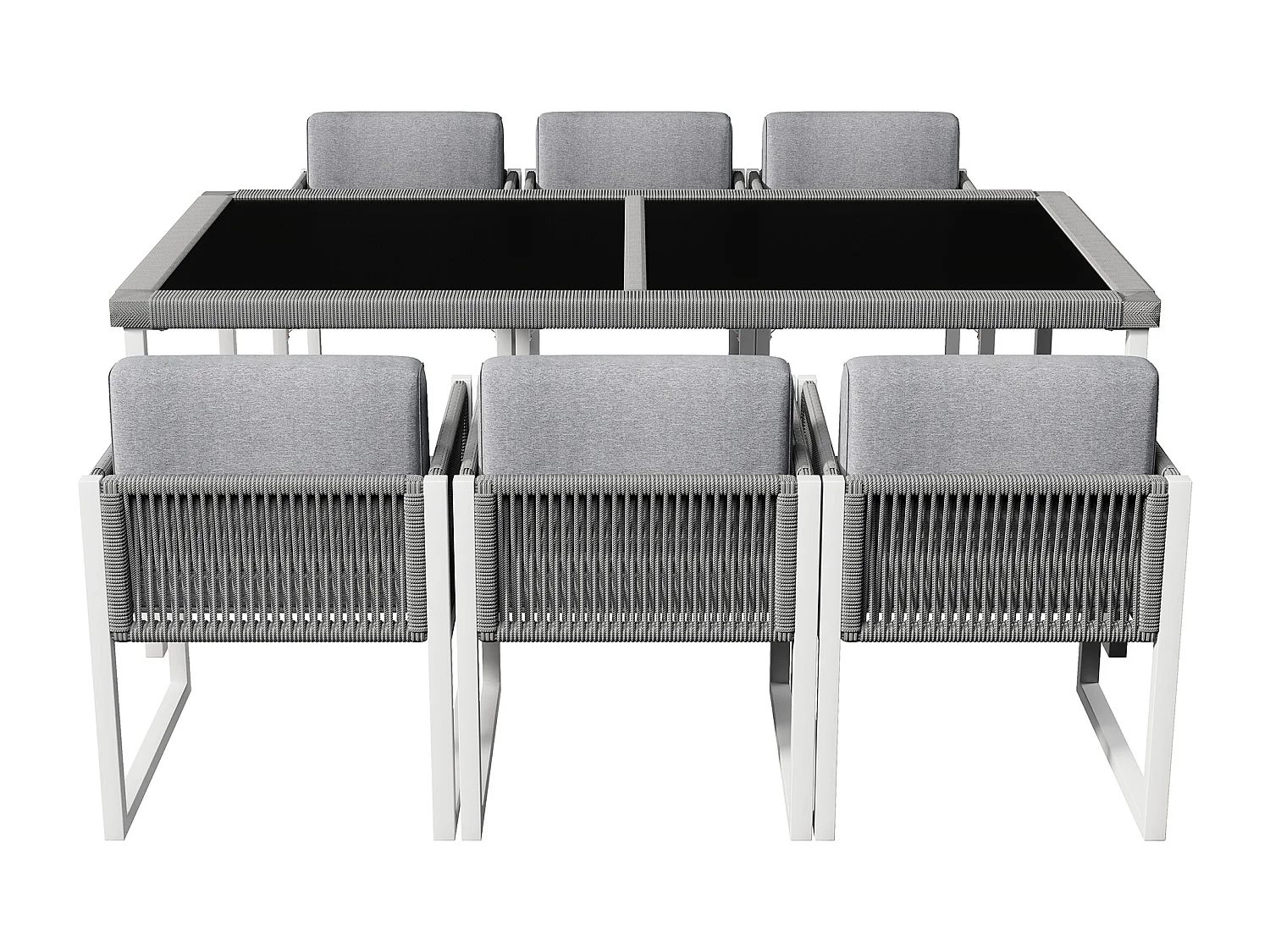 Ensemble de salle à manger de jardin pour 6 personnes - 6 fauteuils - 1 table - structure en fer galvanisé - en tissu amovibles et lavables - gris