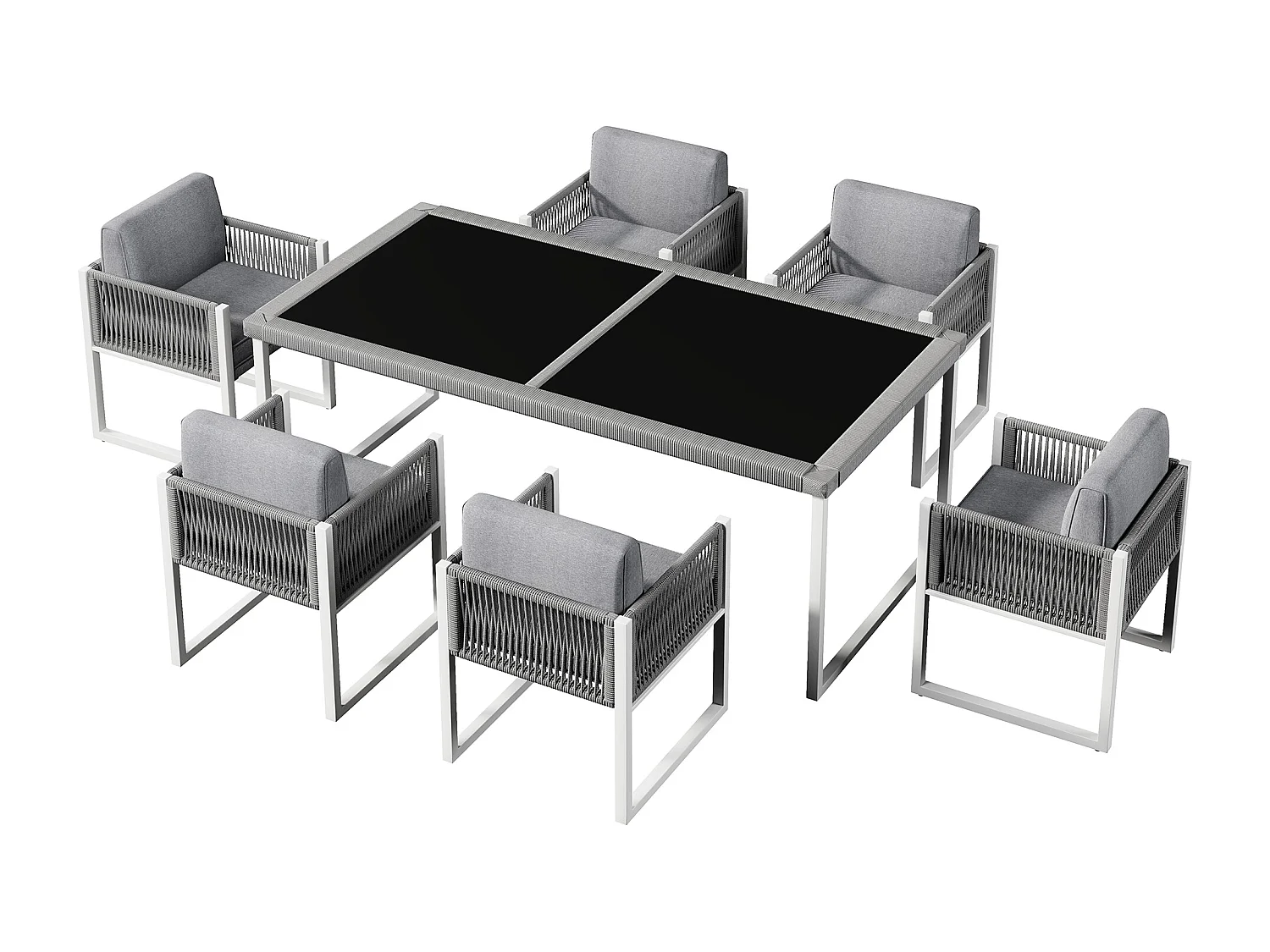 Ensemble de salle à manger de jardin pour 6 personnes - 6 fauteuils - 1 table - structure en fer galvanisé - en tissu amovibles et lavables - gris