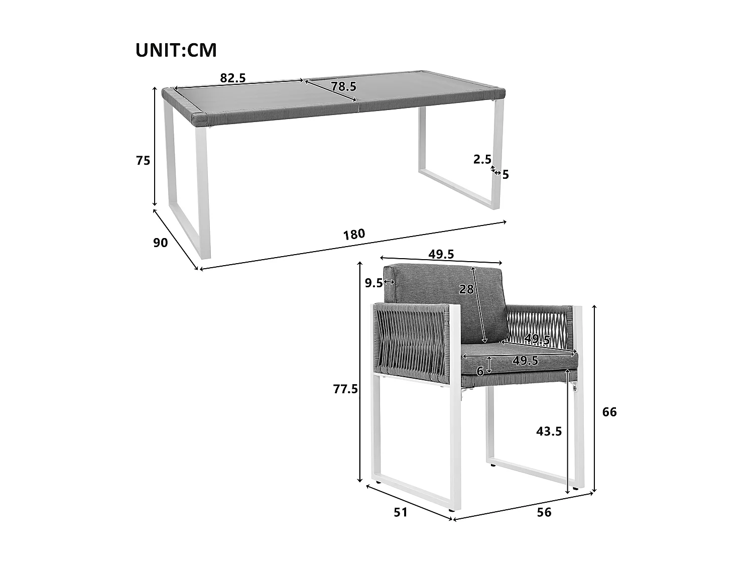 Ensemble de salle à manger de jardin pour 6 personnes - 6 fauteuils - 1 table - structure en fer galvanisé - en tissu amovibles et lavables - gris