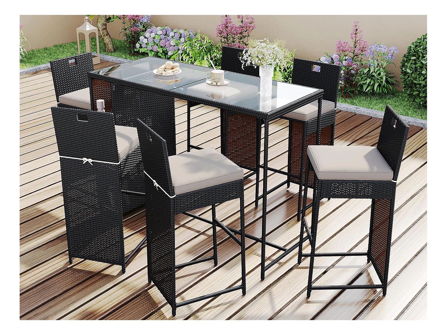 Salon de jardin, ensemble de bar de jardin 7 pièces avec coussins, 6 tabourets et d'une table haute, plateau de table en verre trempé, noir-marron