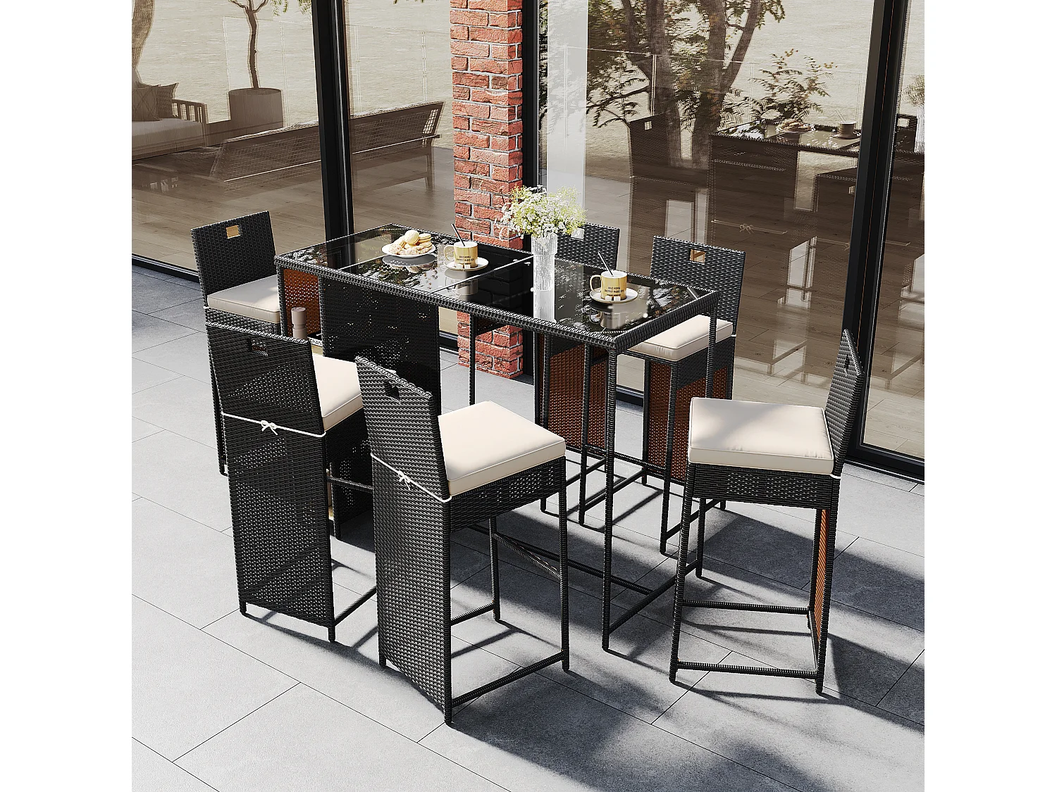 Salon de jardin, ensemble de bar de jardin 7 pièces avec coussins, 6 tabourets et d'une table haute, plateau de table en verre trempé, noir-marron