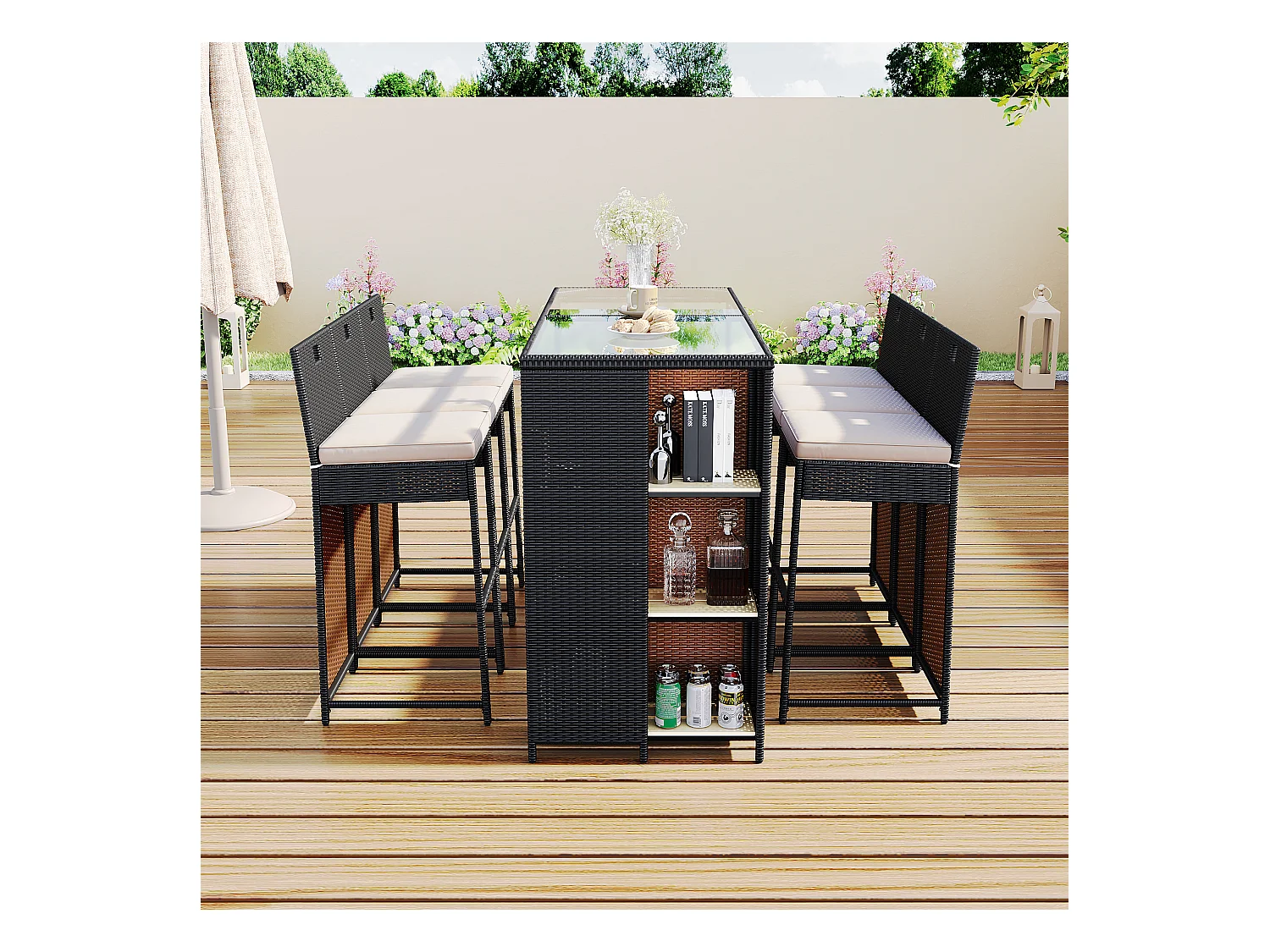 Salon de jardin, ensemble de bar de jardin 7 pièces avec coussins, 6 tabourets et d'une table haute, plateau de table en verre trempé, noir-marron