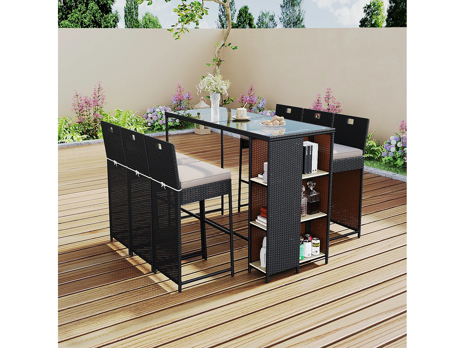 Salon de jardin, ensemble de bar de jardin 7 pièces avec coussins, 6 tabourets et d'une table haute, plateau de table en verre trempé, noir-marron