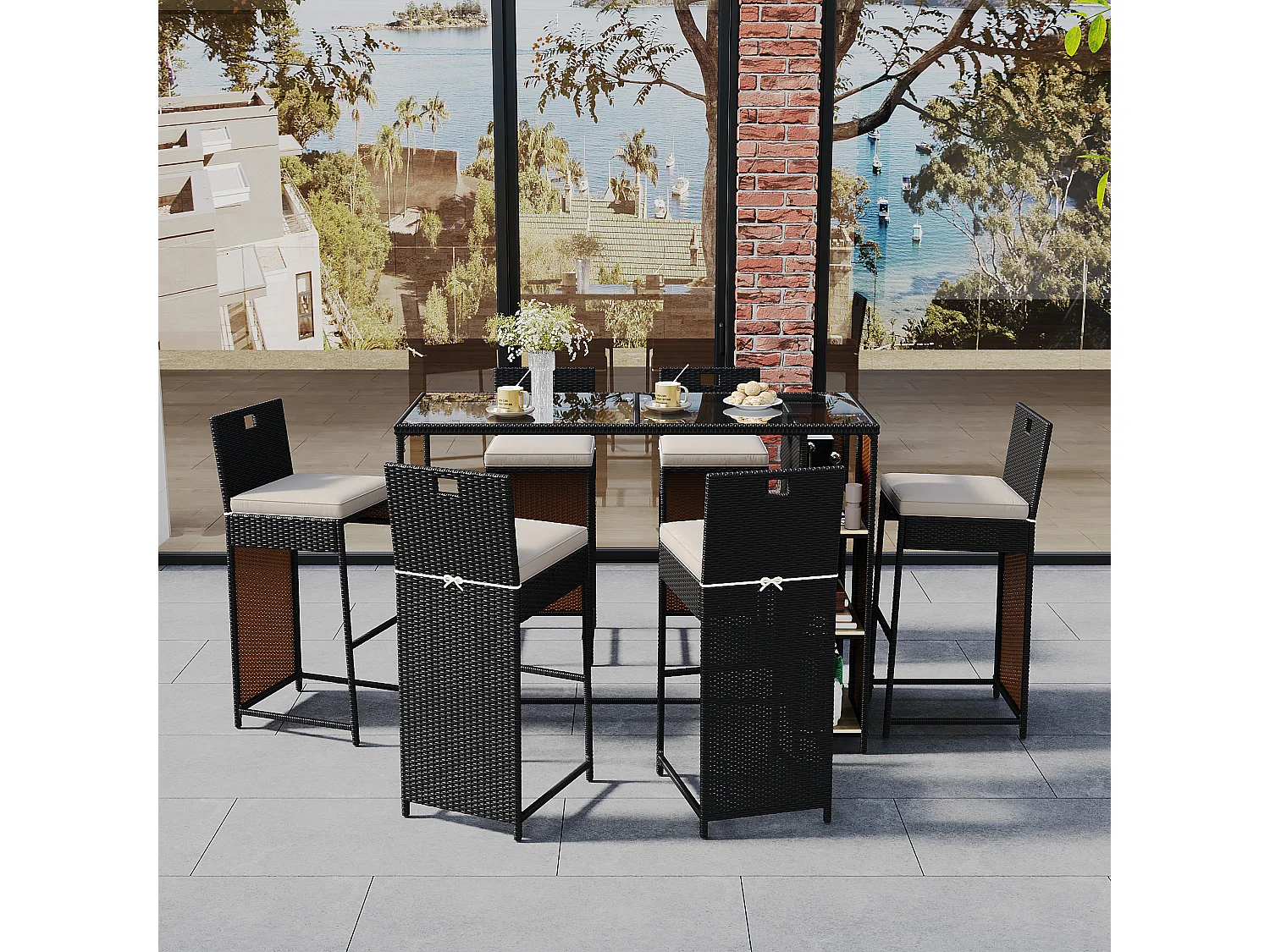 Salon de jardin, ensemble de bar de jardin 7 pièces avec coussins, 6 tabourets et d'une table haute, plateau de table en verre trempé, noir-marron