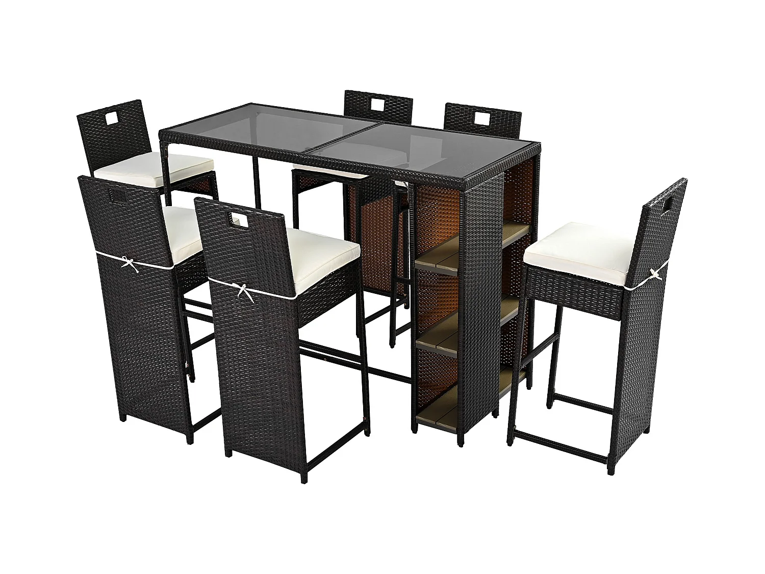 Salon de jardin, ensemble de bar de jardin 7 pièces avec coussins, 6 tabourets et d'une table haute, plateau de table en verre trempé, noir-marron