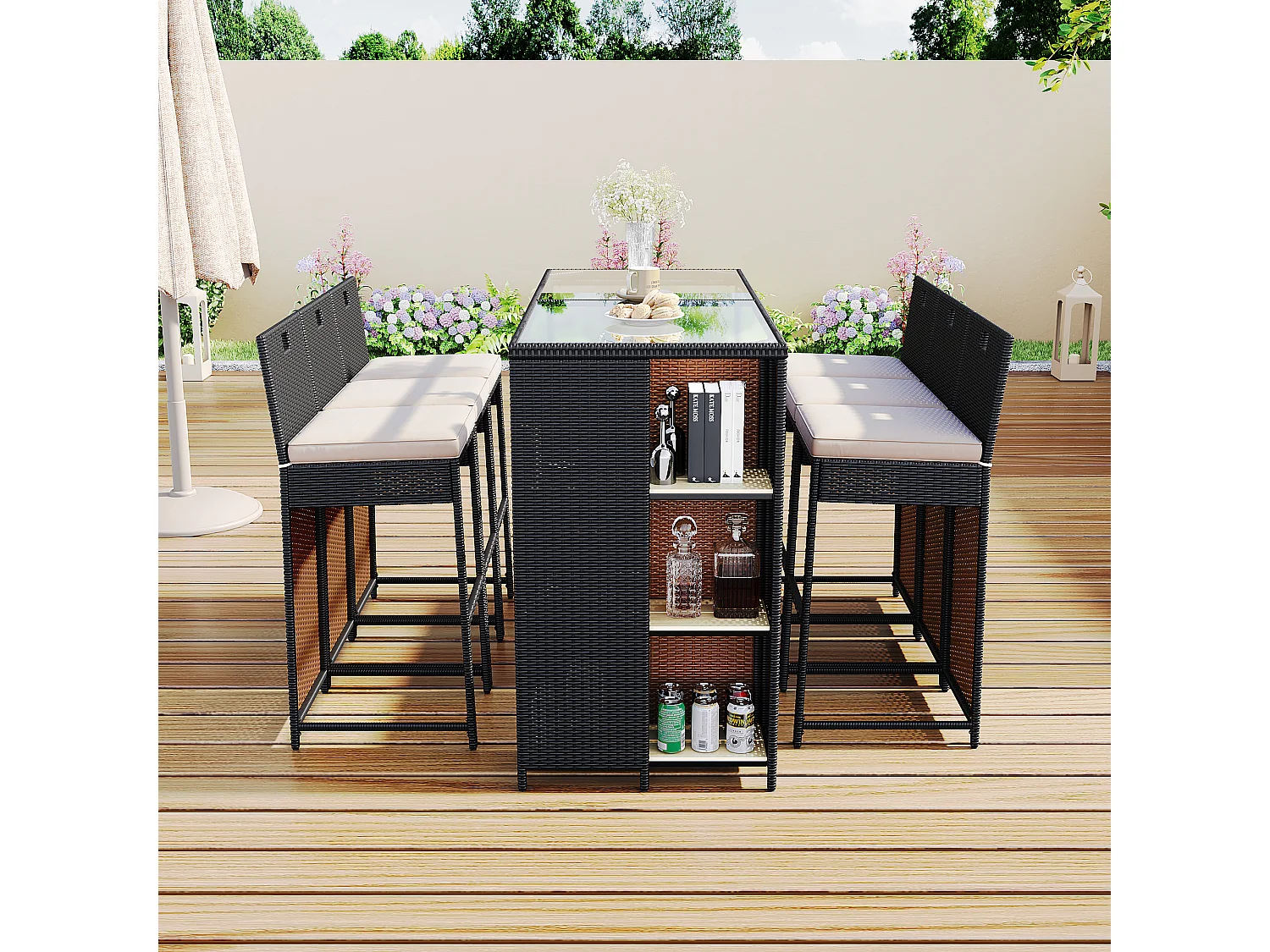 Salon de jardin, ensemble de bar de jardin 7 pièces avec coussins, 6 tabourets et d'une table haute, plateau de table en verre trempé, noir-marron