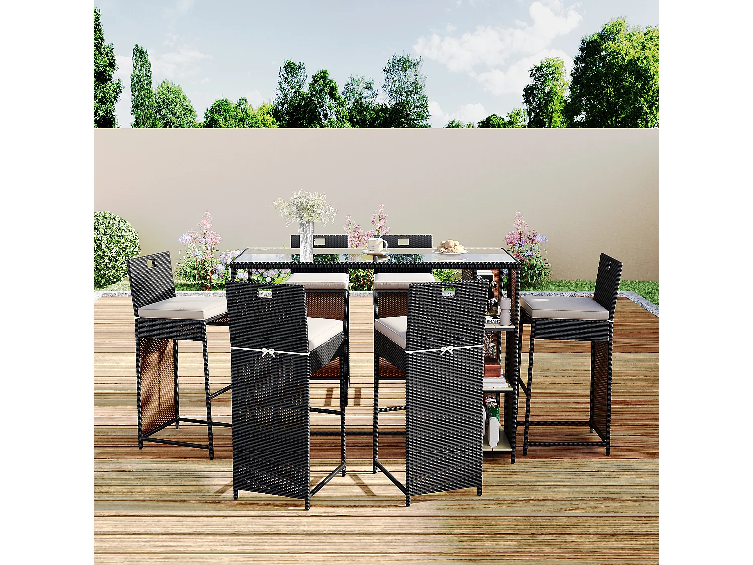 Salon de jardin, ensemble de bar de jardin 7 pièces avec coussins, 6 tabourets et d'une table haute, plateau de table en verre trempé, noir-marron