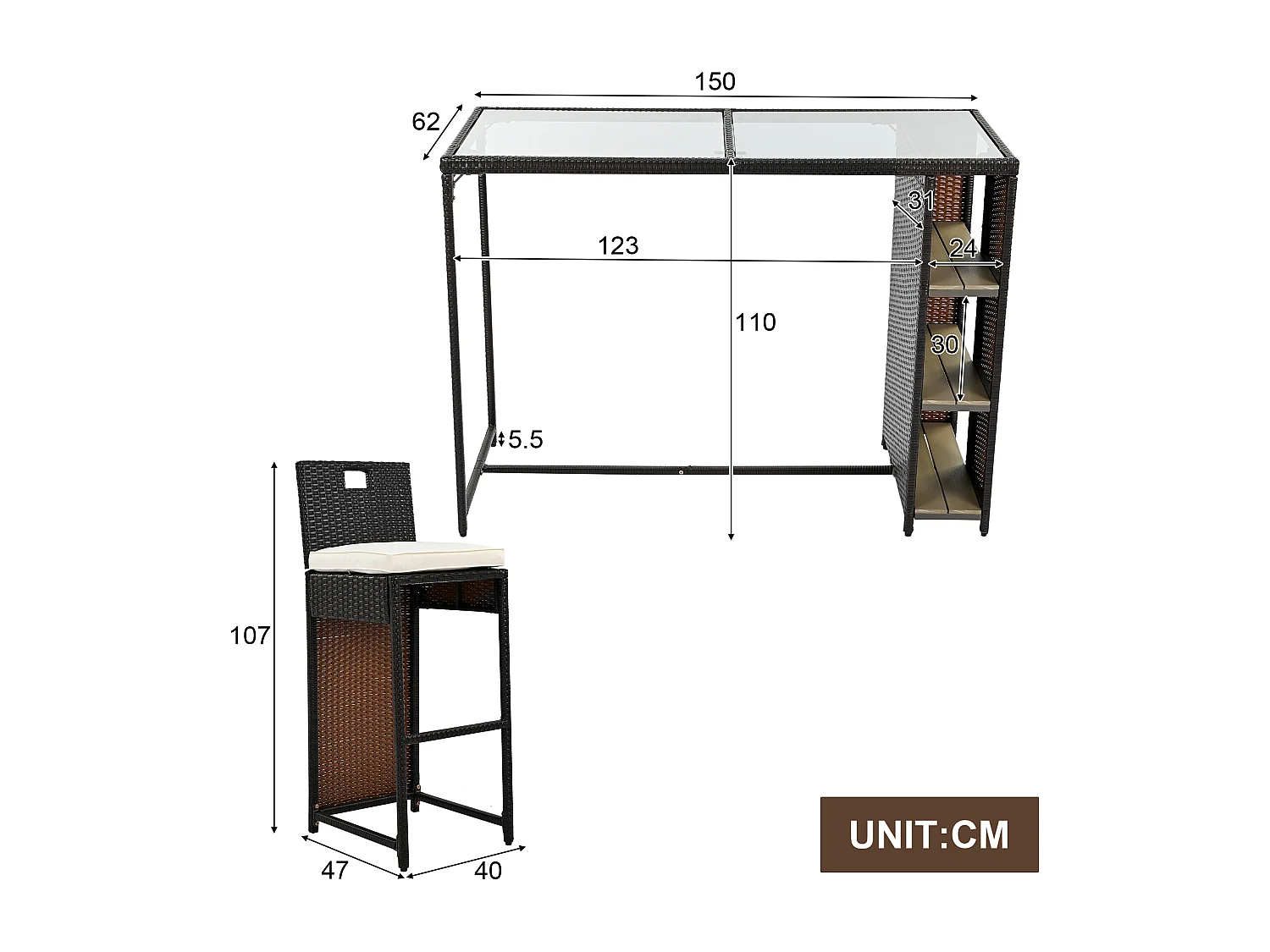 Salon de jardin, ensemble de bar de jardin 7 pièces avec coussins, 6 tabourets et d'une table haute, plateau de table en verre trempé, noir-marron