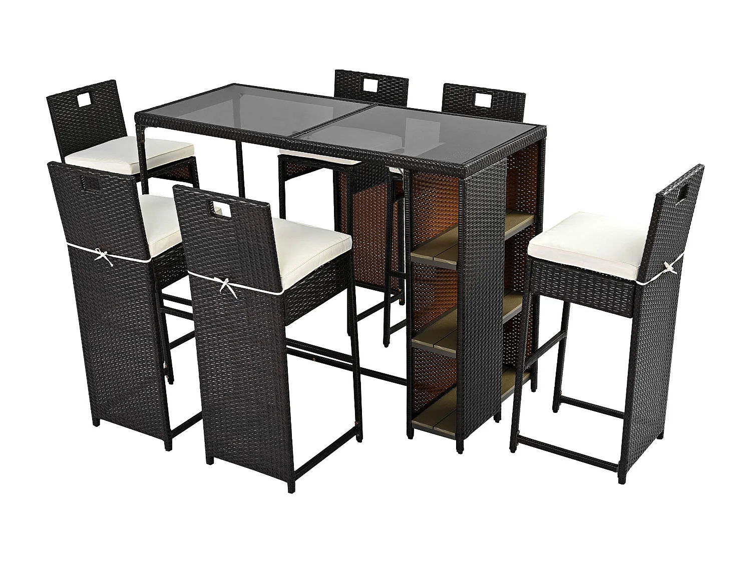 Salon de jardin, ensemble de bar de jardin 7 pièces avec coussins, 6 tabourets et d'une table haute, plateau de table en verre trempé, noir-marron