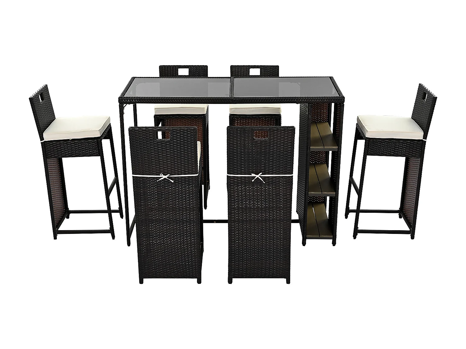 Salon de jardin, ensemble de bar de jardin 7 pièces avec coussins, 6 tabourets et d'une table haute, plateau de table en verre trempé, noir-marron