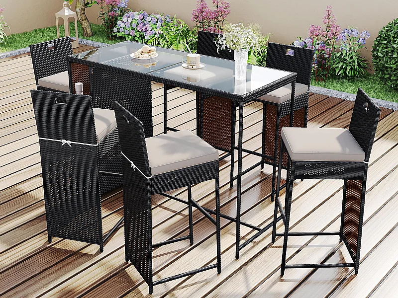 Salón de jardín, conjunto de bar de jardín de 7 piezas con cojines, 6 taburetes y una mesa alta, tablero de mesa de vidrio templado, negro-marrón