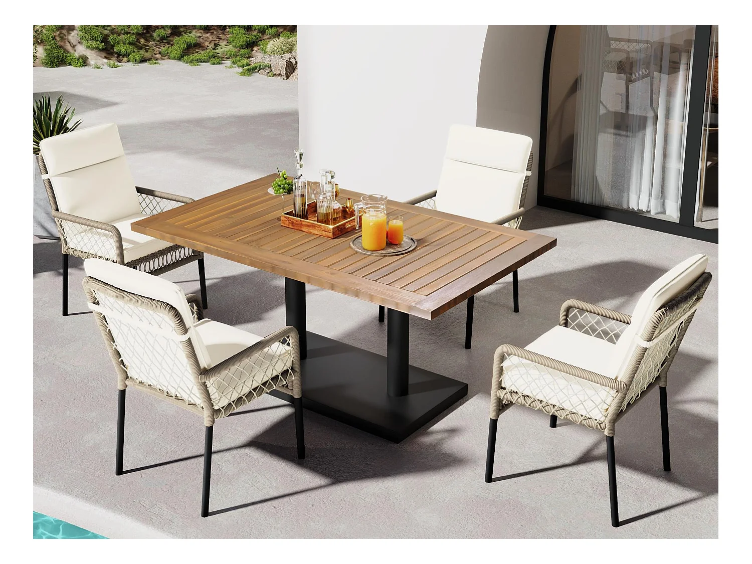 Set da pranzo da giardino per 4 persone, Legno massello di acacia, struttura in ferro zincato, 4 sedie, 1 tavolo, Bianco