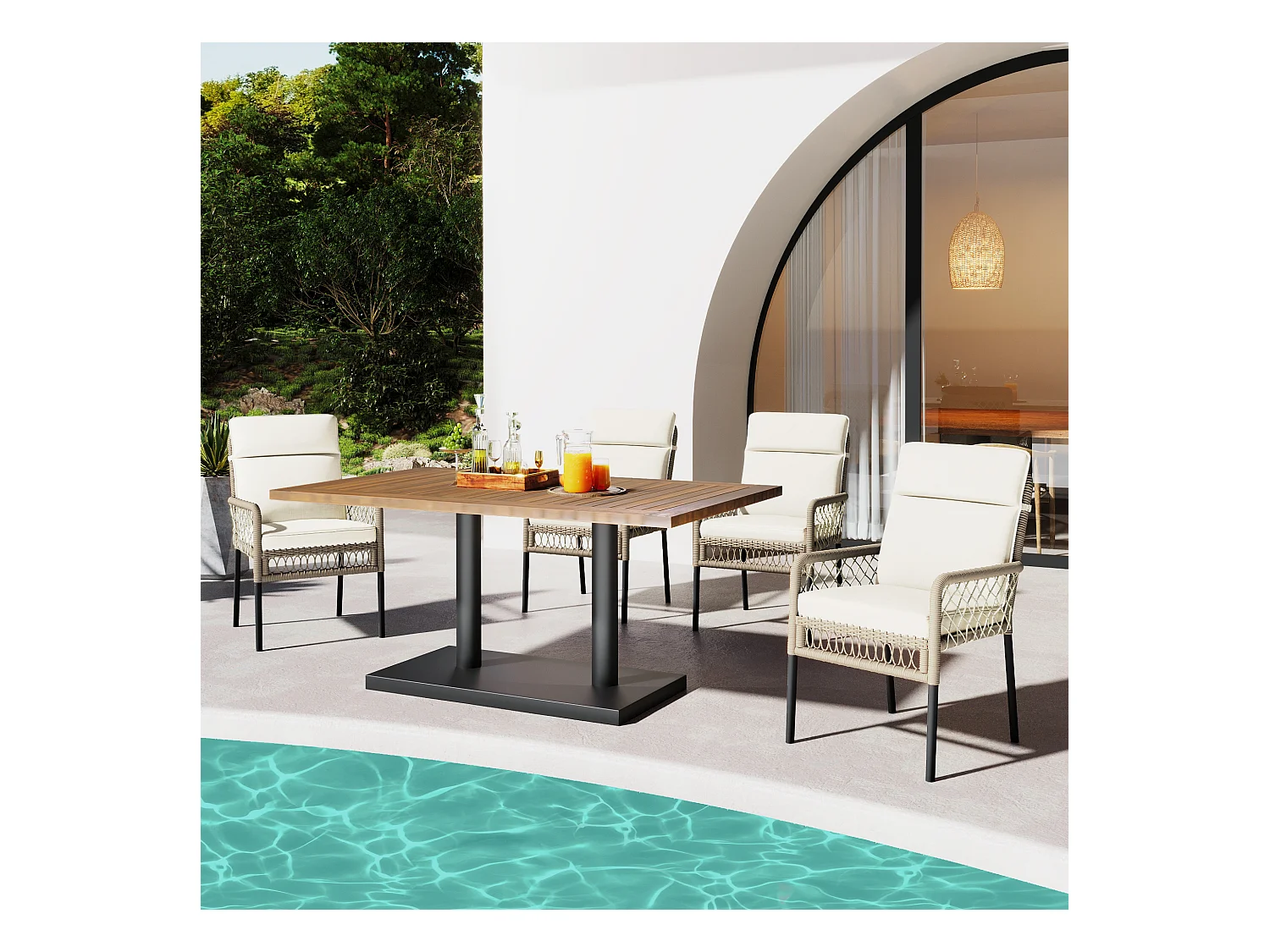 Set da pranzo da giardino per 4 persone, Legno massello di acacia, struttura in ferro zincato, 4 sedie, 1 tavolo, Bianco