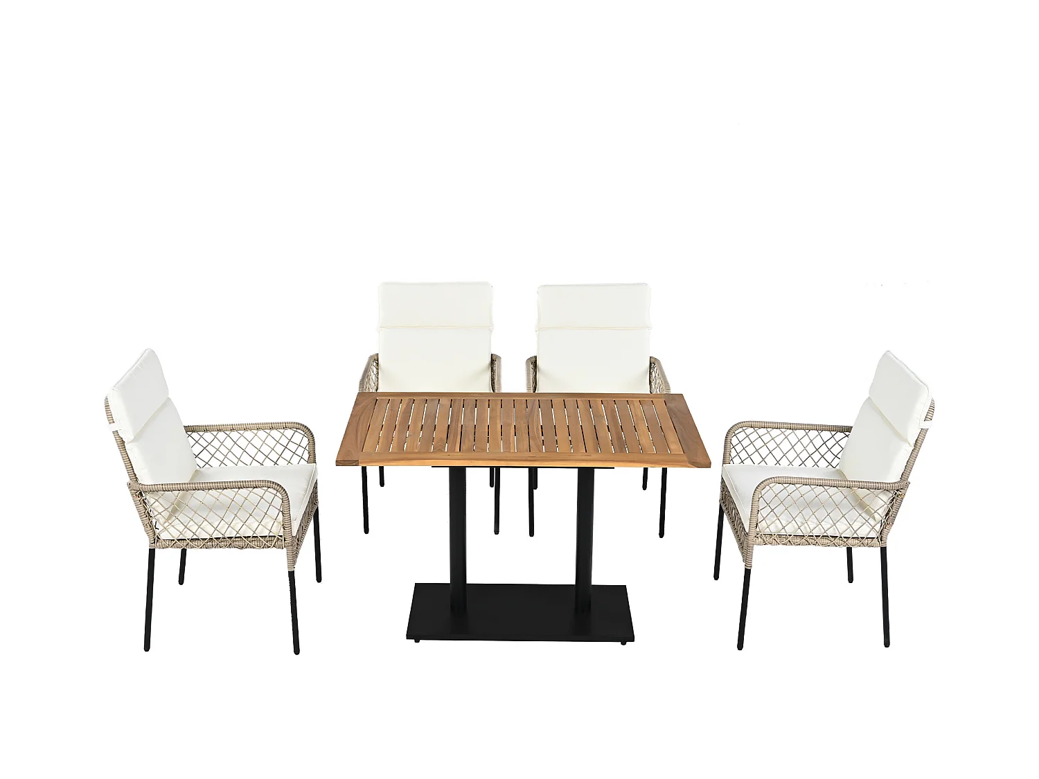 Set da pranzo da giardino per 4 persone, Legno massello di acacia, struttura in ferro zincato, 4 sedie, 1 tavolo, Bianco