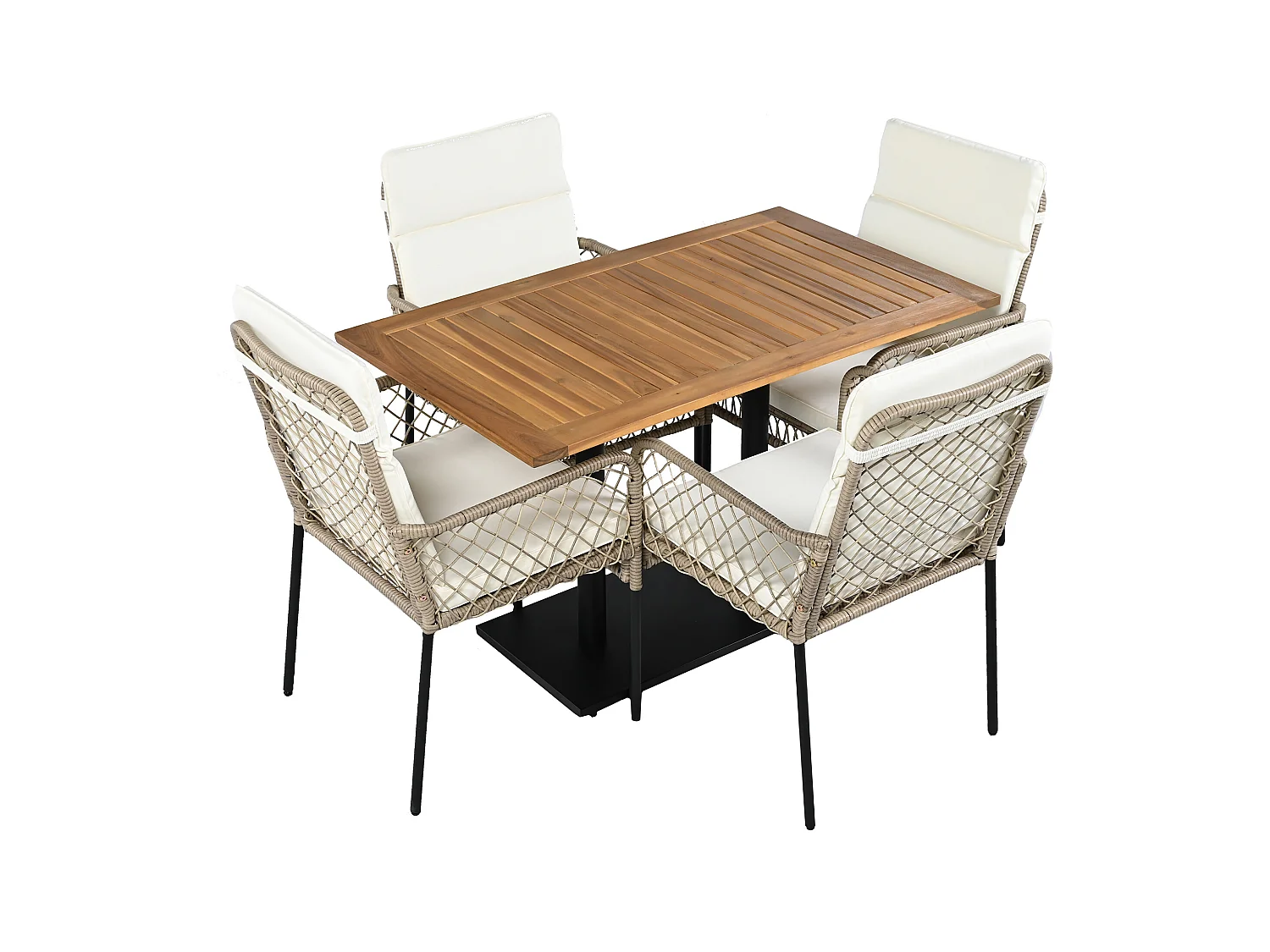 Set da pranzo da giardino per 4 persone, Legno massello di acacia, struttura in ferro zincato, 4 sedie, 1 tavolo, Bianco