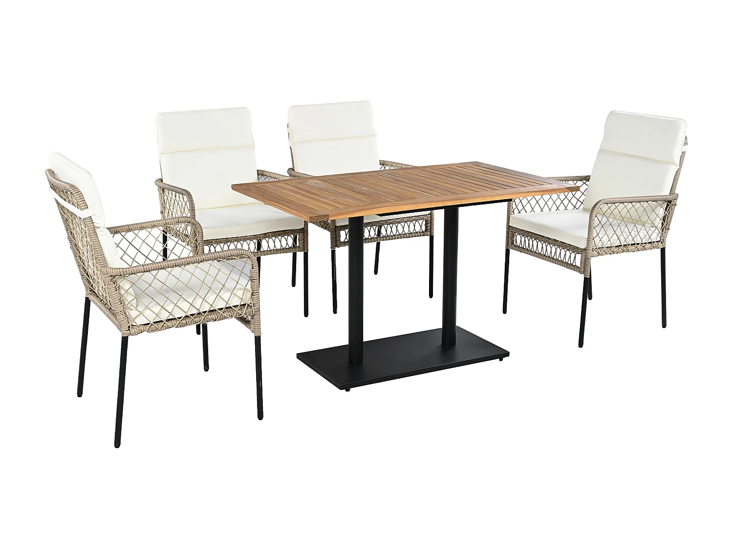 Ensemble de salle à manger de jardin pour 4 personnes, Bois massif d'acacia, structure en fer galvanisé, 4 chaises, 1 table, Blanc