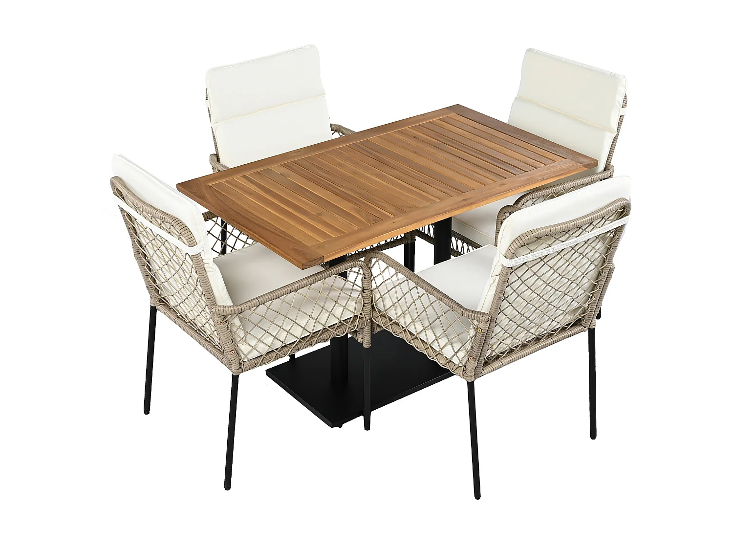 Ensemble de salle à manger de jardin pour 4 personnes, Bois massif d'acacia, structure en fer galvanisé, 4 chaises, 1 table, Blanc