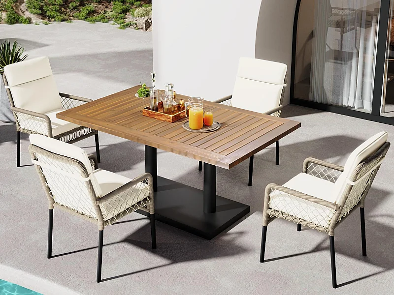 Esszimmer-Set für den Garten für 4 Personen, Massivholz aus Akazie, Struktur aus galvanisiertem Eisen, 4 Stühle, 1 Tisch, Weiß