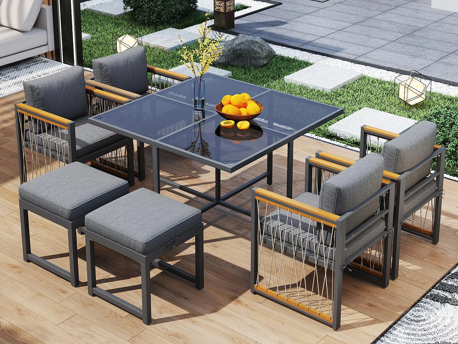 Conjunto de jantar de jardim para 6 pessoas, mesa de vidro temperado, estrutura em ferro galvanizado, 4 cadeiras, 2 bancos, 1 mesa, cinza