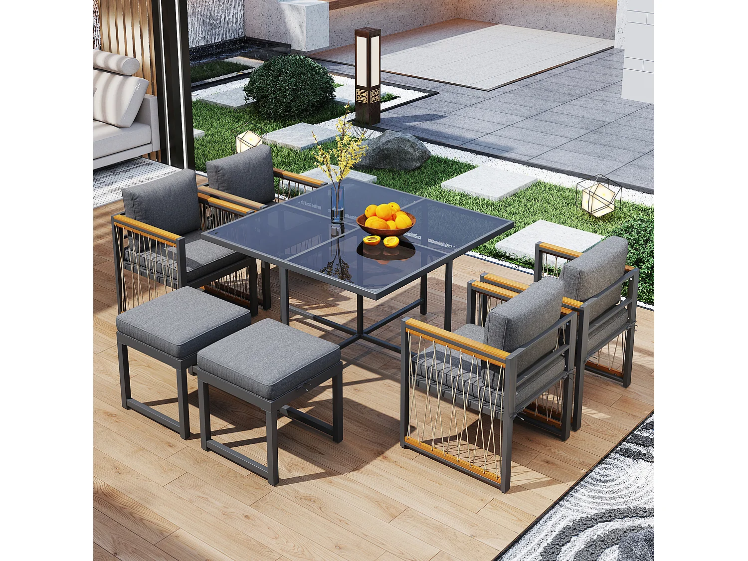 Conjunto de jantar de jardim para 6 pessoas, mesa de vidro temperado, estrutura em ferro galvanizado, 4 cadeiras, 2 bancos, 1 mesa, cinza