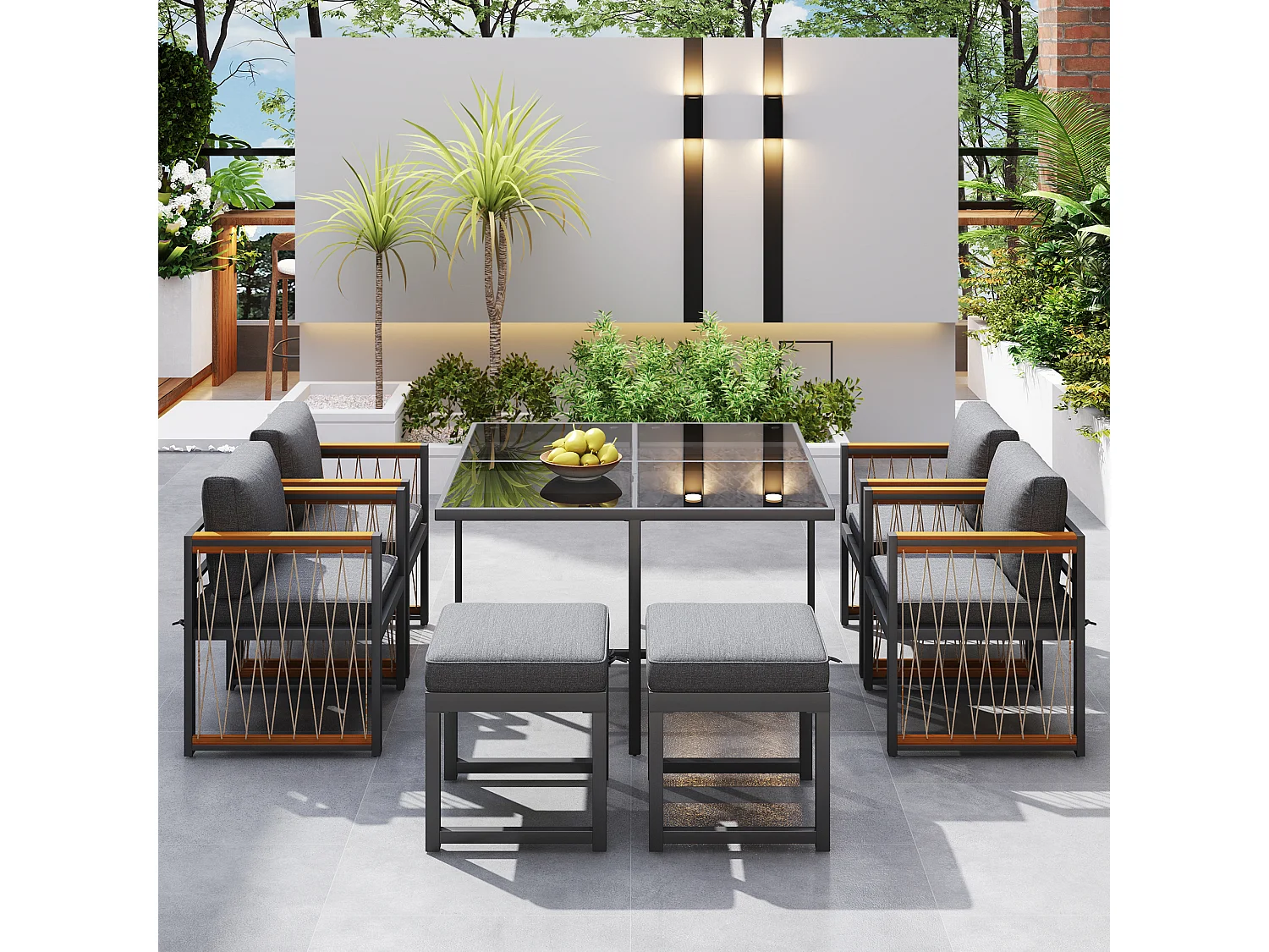 Conjunto de jantar de jardim para 6 pessoas, mesa de vidro temperado, estrutura em ferro galvanizado, 4 cadeiras, 2 bancos, 1 mesa, cinza