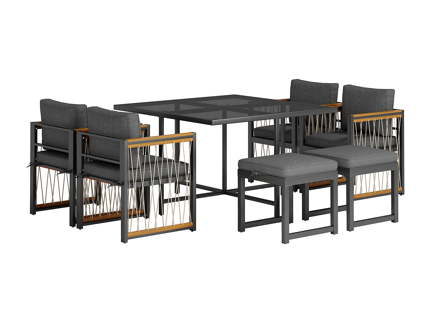 Conjunto de jantar de jardim para 6 pessoas, mesa de vidro temperado, estrutura em ferro galvanizado, 4 cadeiras, 2 bancos, 1 mesa, cinza