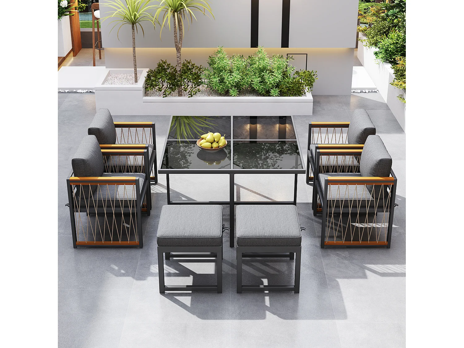 Conjunto de jantar de jardim para 6 pessoas, mesa de vidro temperado, estrutura em ferro galvanizado, 4 cadeiras, 2 bancos, 1 mesa, cinza