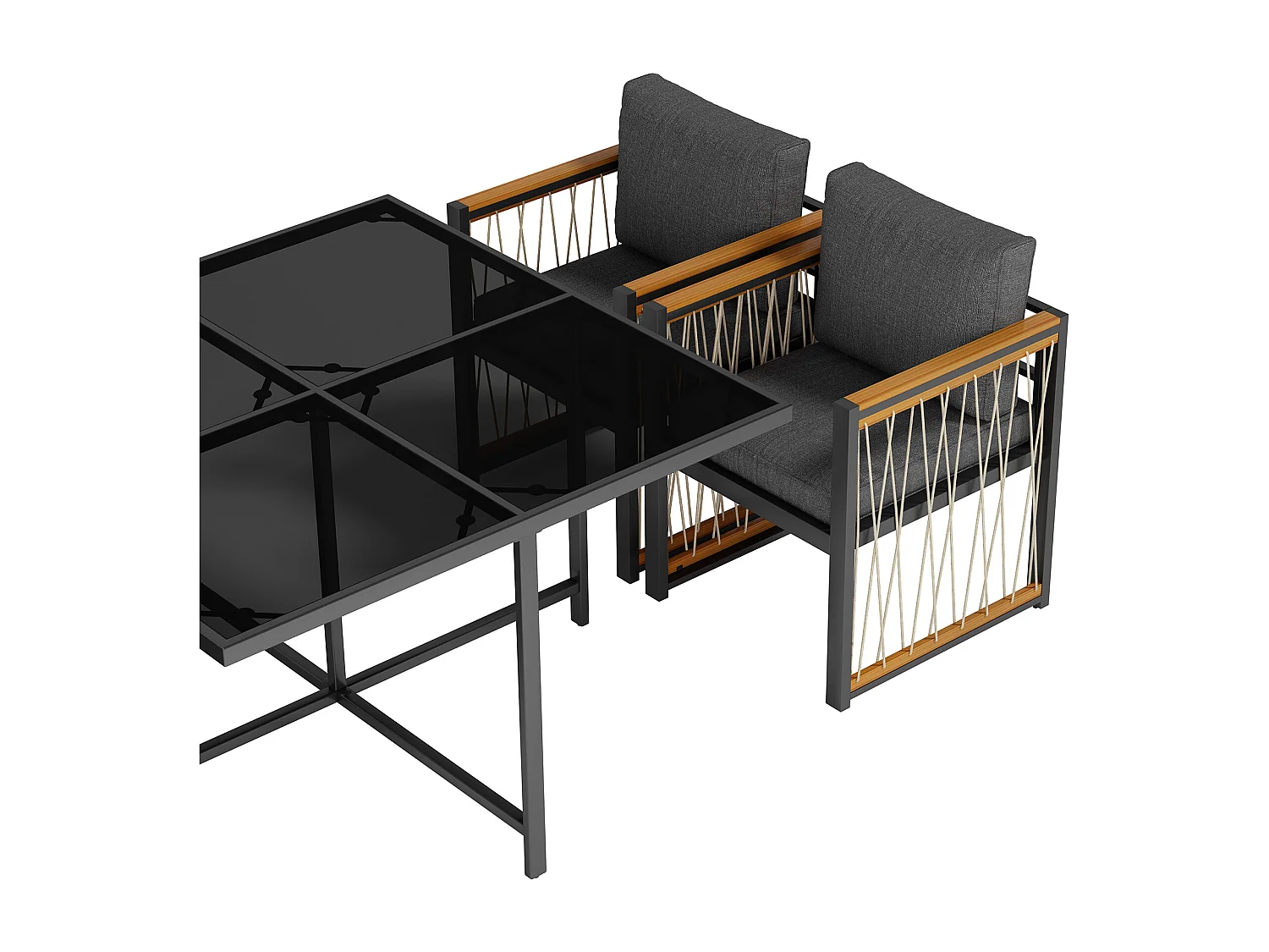 Conjunto de jantar de jardim para 6 pessoas, mesa de vidro temperado, estrutura em ferro galvanizado, 4 cadeiras, 2 bancos, 1 mesa, cinza