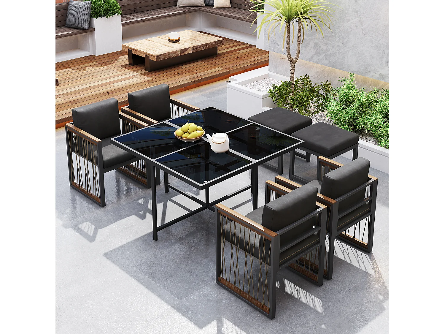 Ensemble de salle à manger de jardin pour 6 personnes, table en verre trempé, structure en fer galvanisé, 4 chaises, 2 tabourets, 1 table, gris