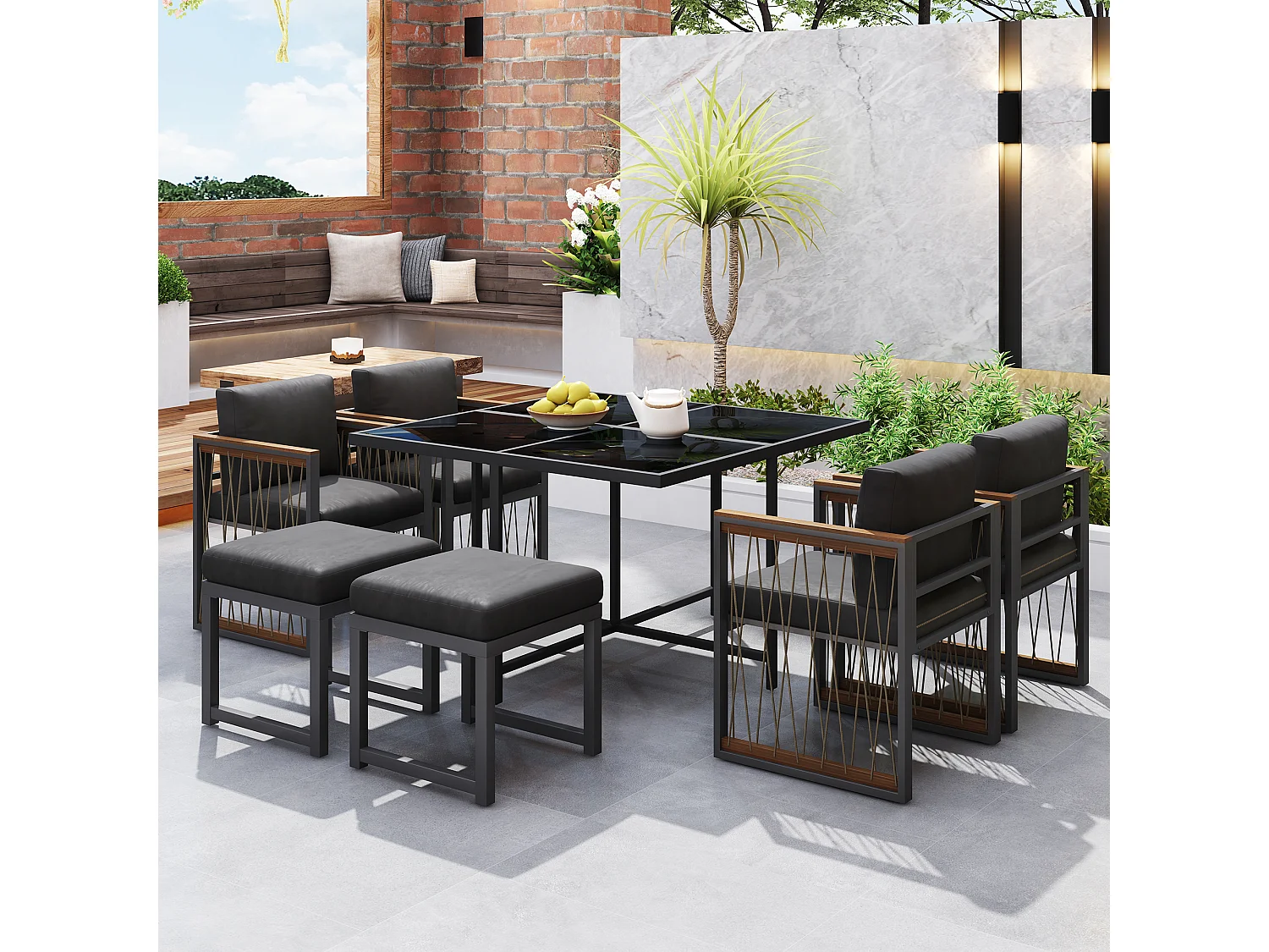 Ensemble de salle à manger de jardin pour 6 personnes, table en verre trempé, structure en fer galvanisé, 4 chaises, 2 tabourets, 1 table, gris