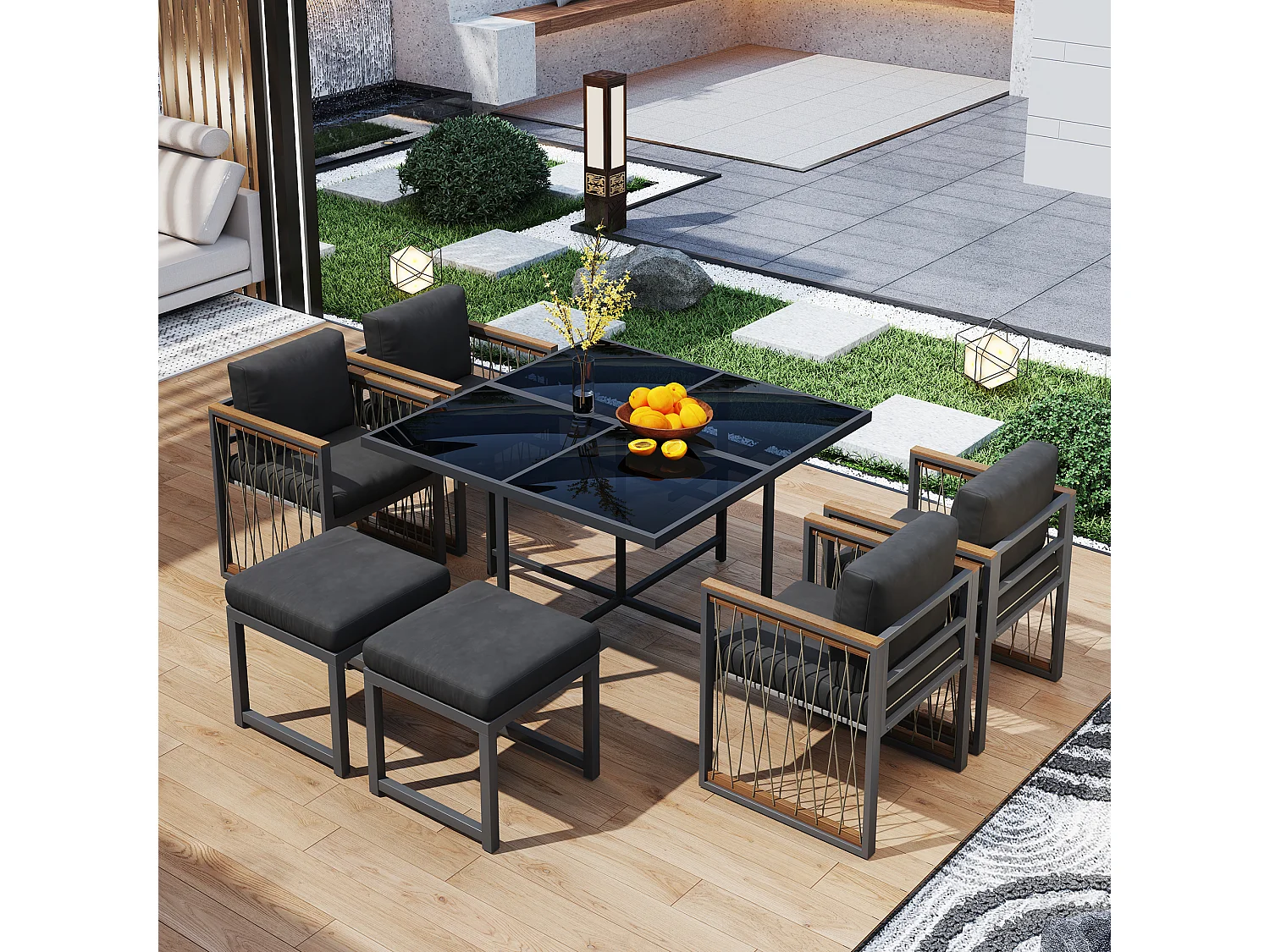 Ensemble de salle à manger de jardin pour 6 personnes, table en verre trempé, structure en fer galvanisé, 4 chaises, 2 tabourets, 1 table, gris