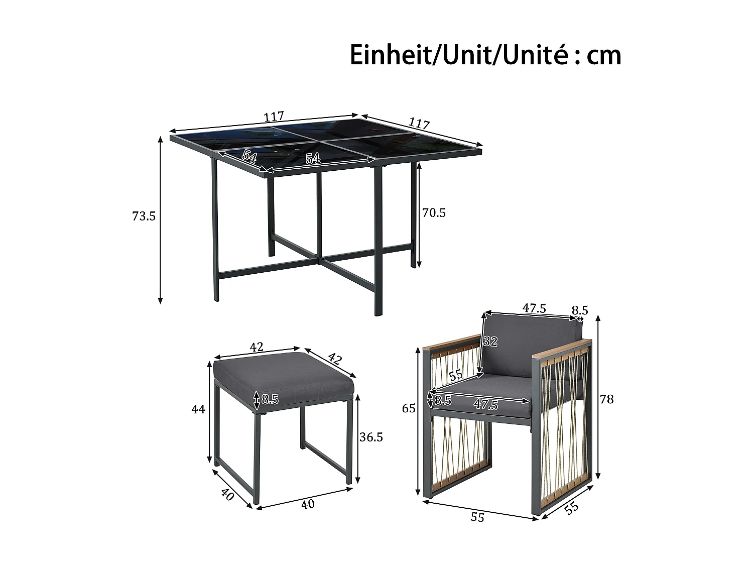 Ensemble de salle à manger de jardin pour 6 personnes, table en verre trempé, structure en fer galvanisé, 4 chaises, 2 tabourets, 1 table, gris