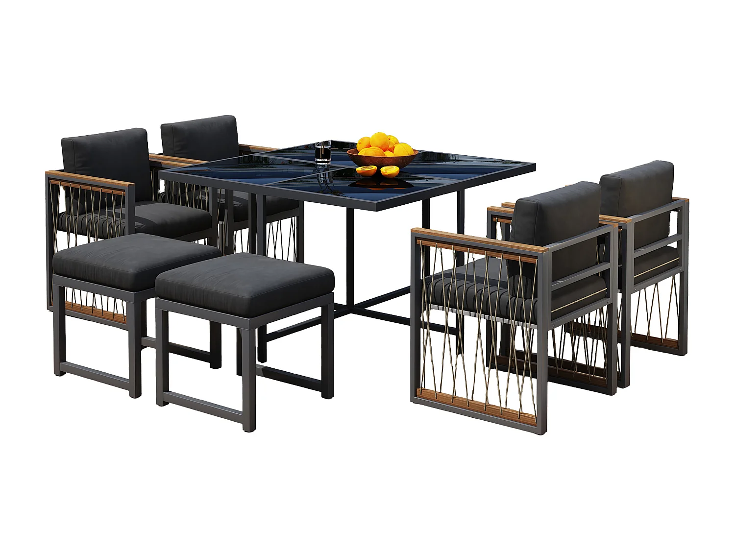 Ensemble de salle à manger de jardin pour 6 personnes, table en verre trempé, structure en fer galvanisé, 4 chaises, 2 tabourets, 1 table, gris