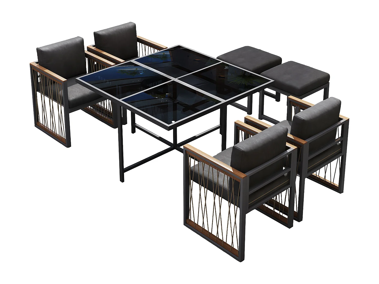Ensemble de salle à manger de jardin pour 6 personnes, table en verre trempé, structure en fer galvanisé, 4 chaises, 2 tabourets, 1 table, gris
