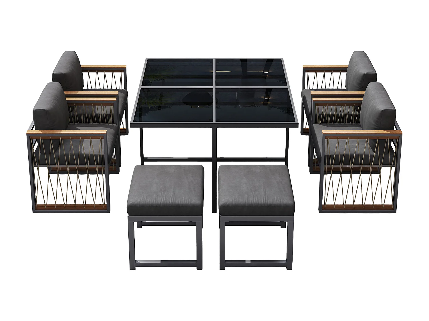 Ensemble de salle à manger de jardin pour 6 personnes, table en verre trempé, structure en fer galvanisé, 4 chaises, 2 tabourets, 1 table, gris