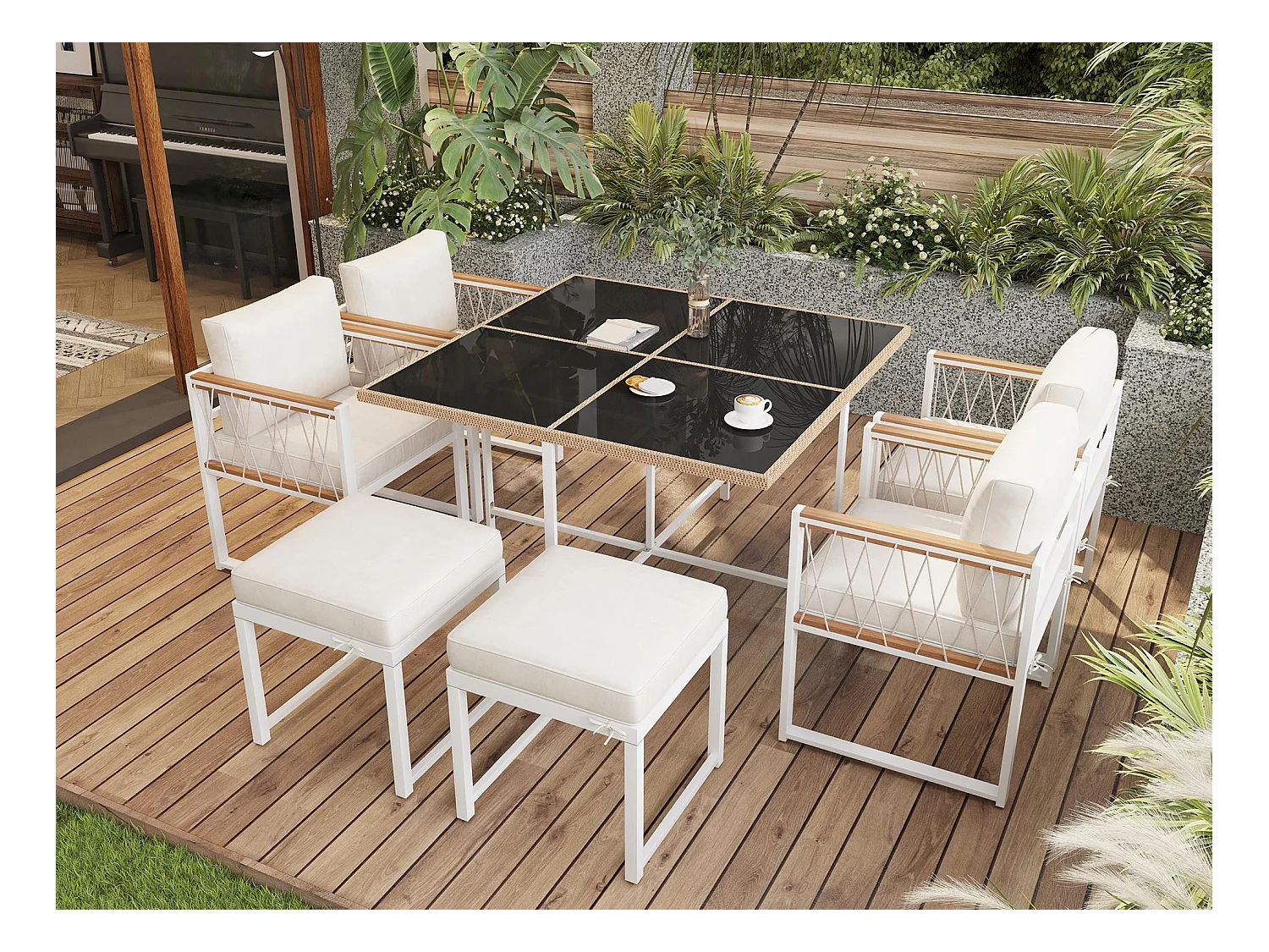 Conjunto de jantar de jardim para 6 pessoas, mesa de vidro temperado, estrutura em ferro galvanizado, 4 cadeiras, 2 bancos, 1 mesa, Branco