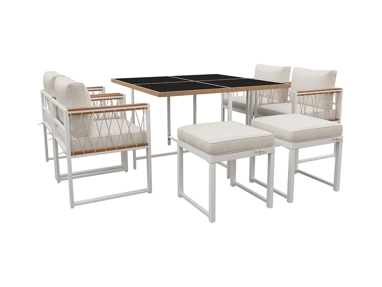 Conjunto de jantar de jardim para 6 pessoas, mesa de vidro temperado, estrutura em ferro galvanizado, 4 cadeiras, 2 bancos, 1 mesa, Branco