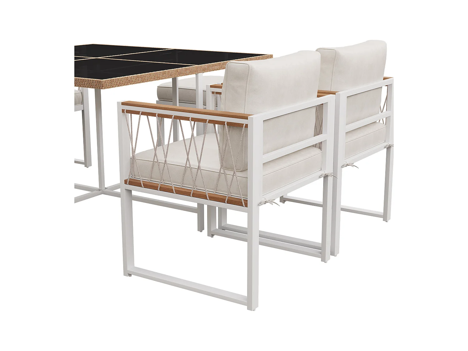 Conjunto de jantar de jardim para 6 pessoas, mesa de vidro temperado, estrutura em ferro galvanizado, 4 cadeiras, 2 bancos, 1 mesa, Branco