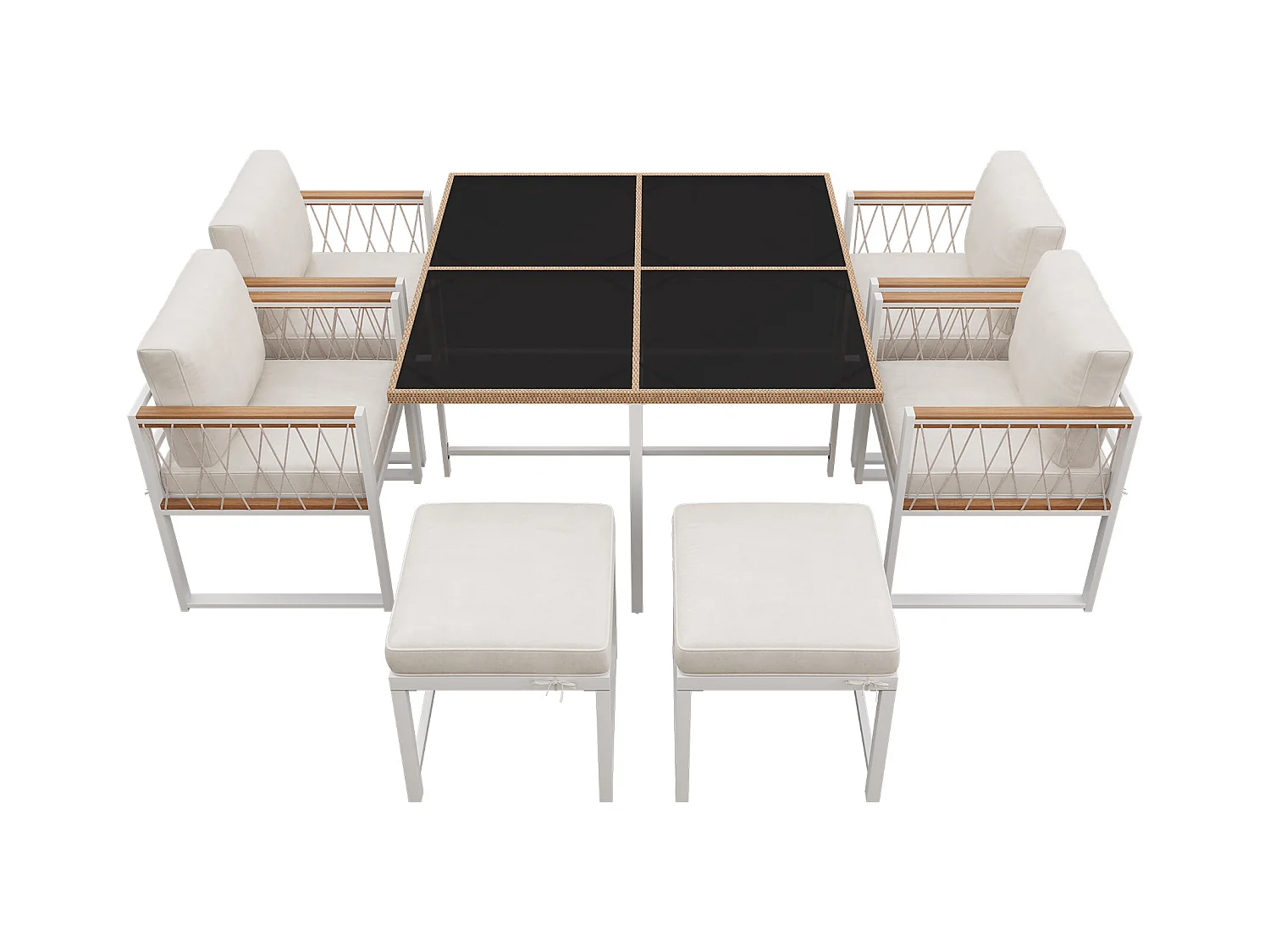Ensemble de salle à manger de jardin pour 6 personnes, table en verre trempé, structure en fer galvanisé, 4 chaises, 2 tabourets, 1 table, Blanc