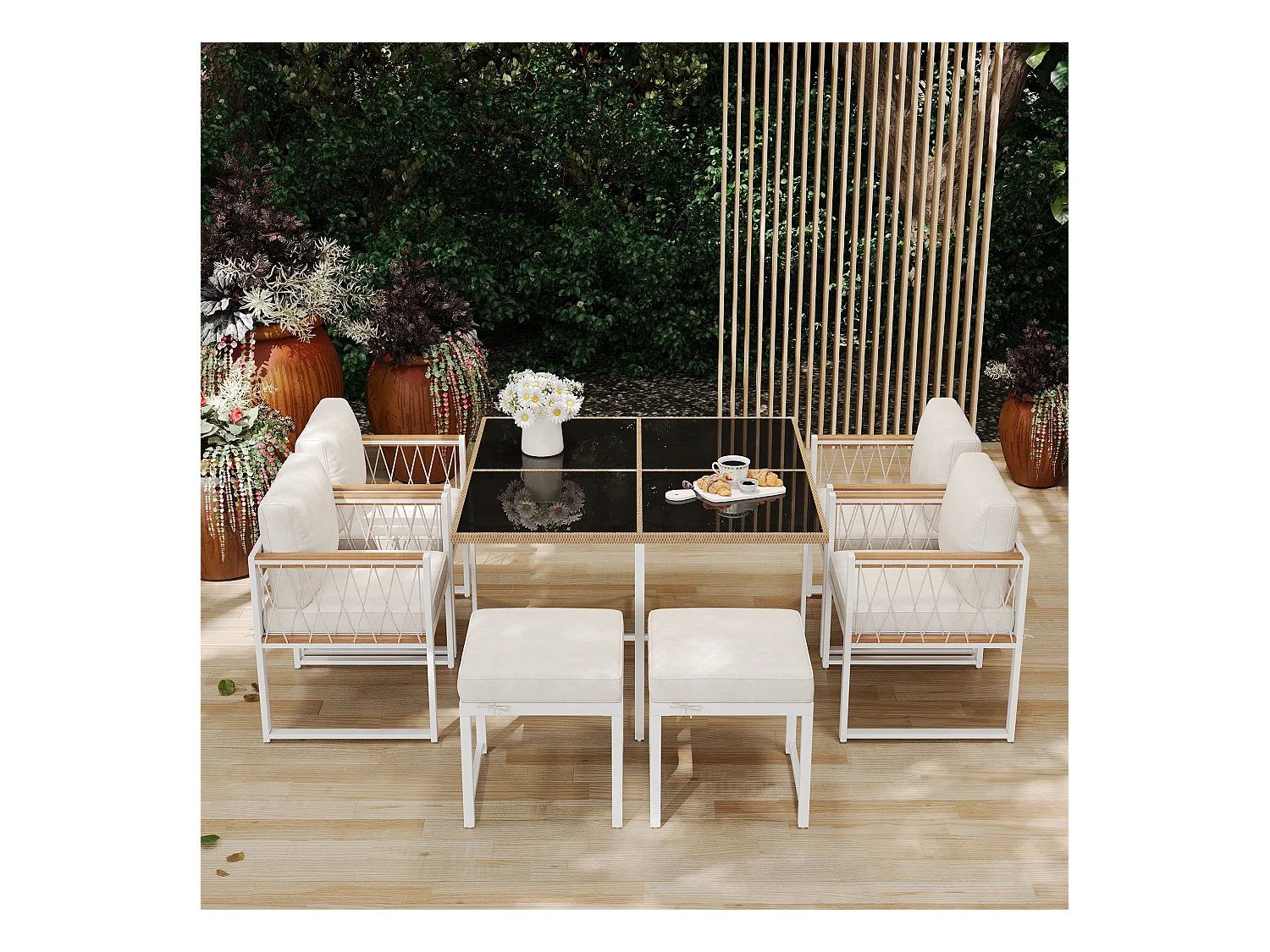 Ensemble de salle à manger de jardin pour 6 personnes, table en verre trempé, structure en fer galvanisé, 4 chaises, 2 tabourets, 1 table, Blanc