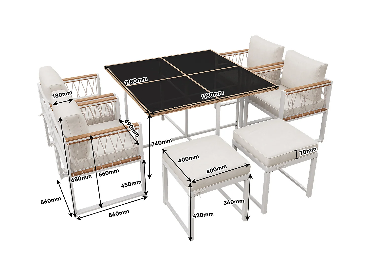 Ensemble de salle à manger de jardin pour 6 personnes, table en verre trempé, structure en fer galvanisé, 4 chaises, 2 tabourets, 1 table, Blanc