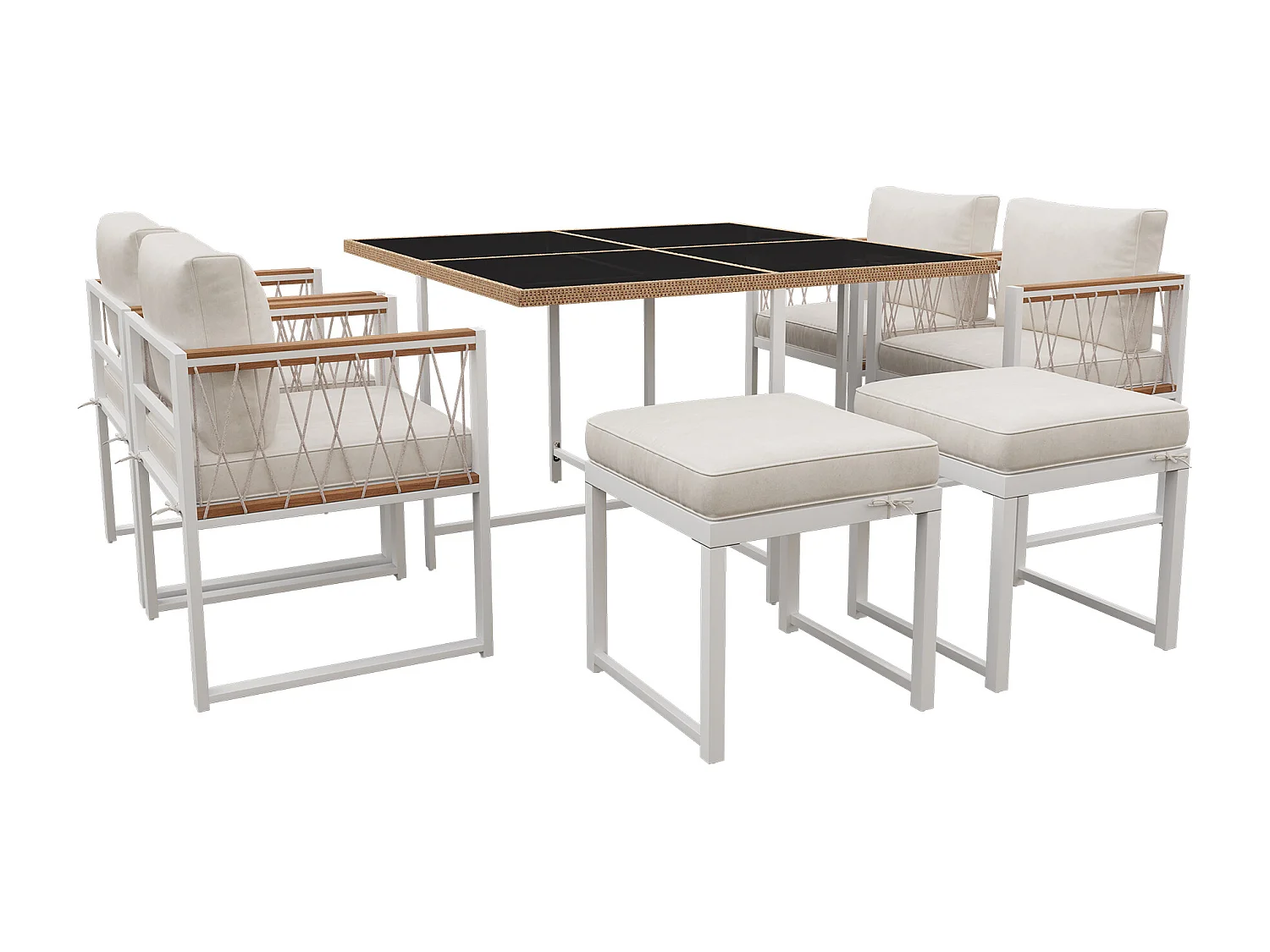 Ensemble de salle à manger de jardin pour 6 personnes, table en verre trempé, structure en fer galvanisé, 4 chaises, 2 tabourets, 1 table, Blanc