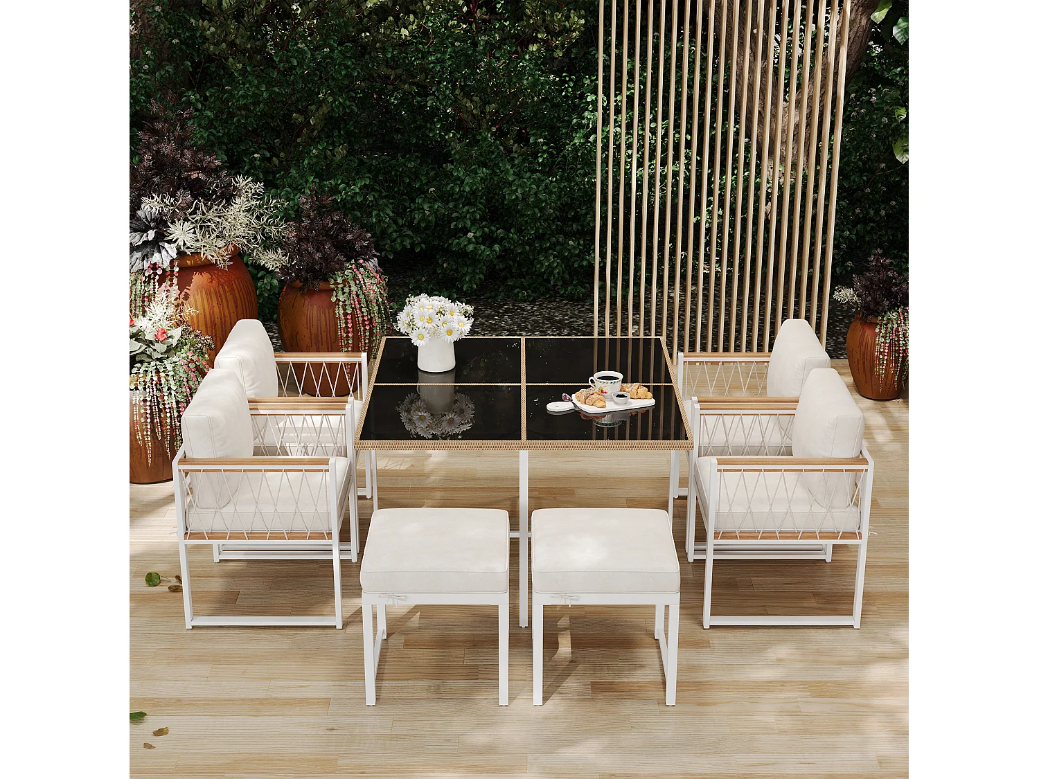 Ensemble de salle à manger de jardin pour 6 personnes, table en verre trempé, structure en fer galvanisé, 4 chaises, 2 tabourets, 1 table, Blanc