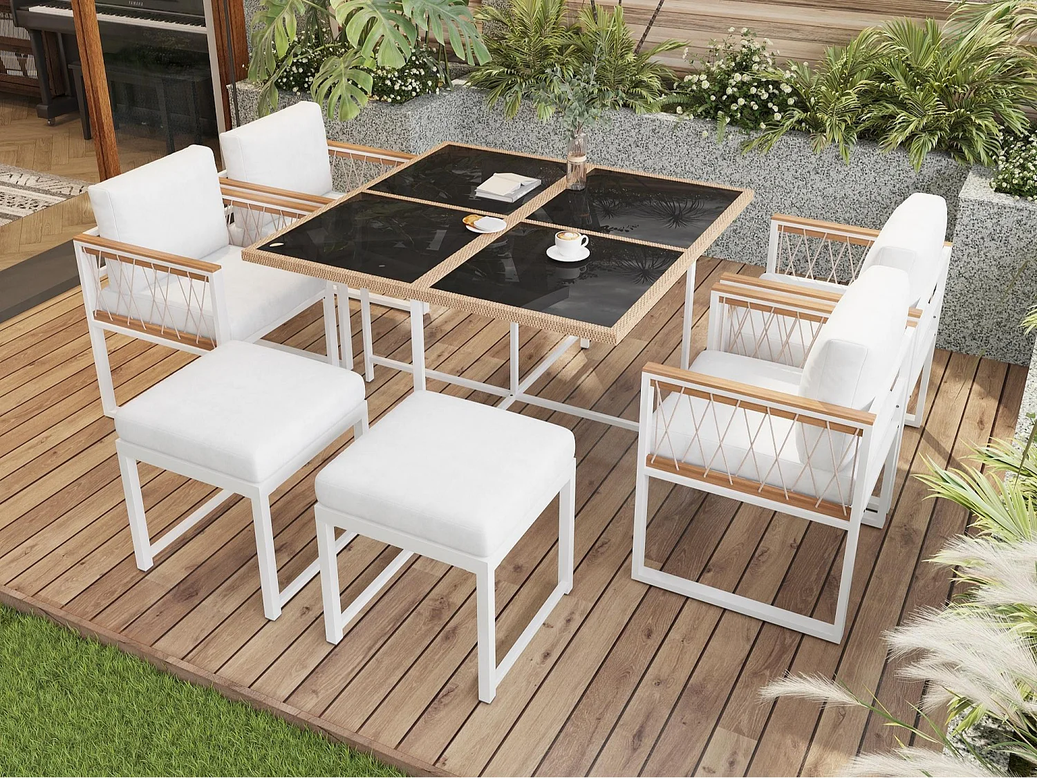 Set da pranzo da giardino per 6 personas, tavolo in vetro temperato, struttura in ferro zincato, 4 sedie, 2 sgabelli, 1 tavolo, Bianco