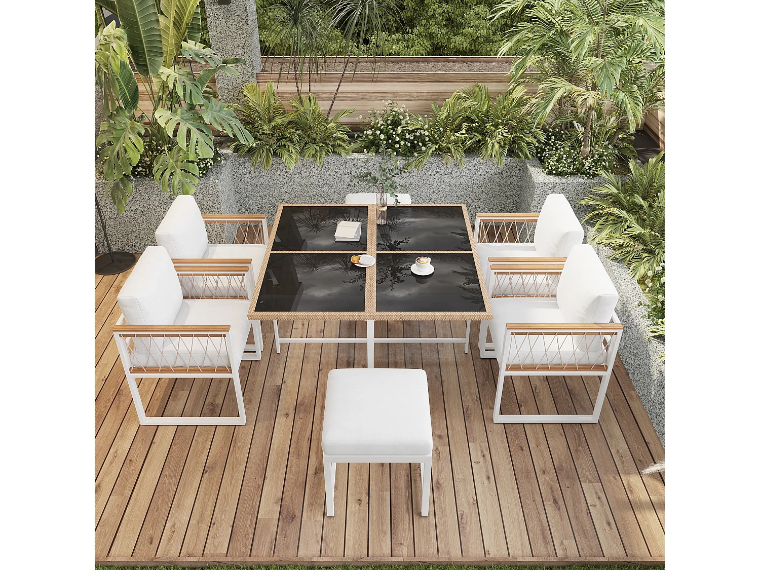 Set da pranzo da giardino per 6 personas, tavolo in vetro temperato, struttura in ferro zincato, 4 sedie, 2 sgabelli, 1 tavolo, Bianco