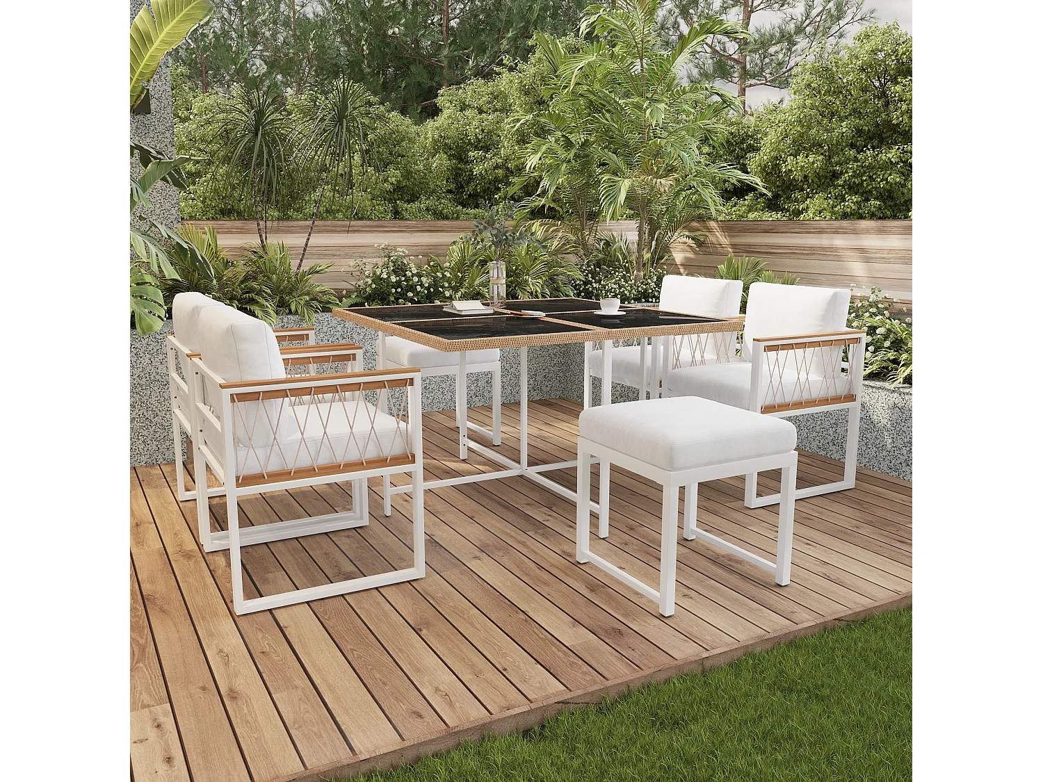 Set da pranzo da giardino per 6 personas, tavolo in vetro temperato, struttura in ferro zincato, 4 sedie, 2 sgabelli, 1 tavolo, Bianco