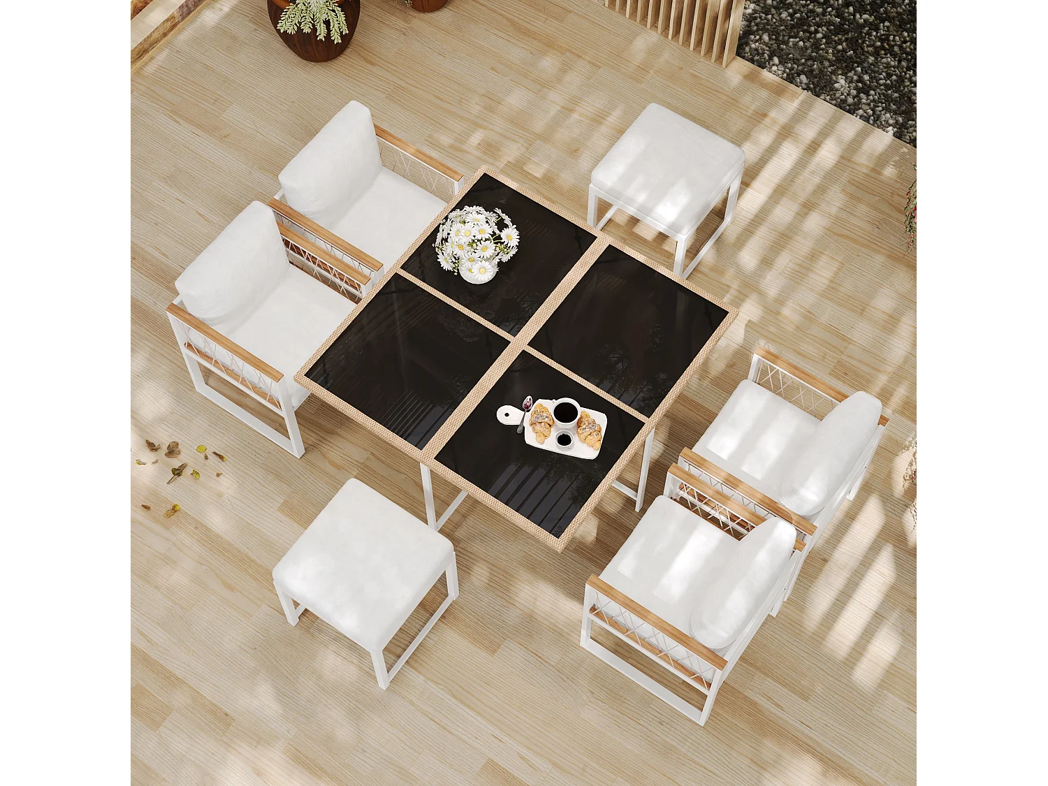 Set da pranzo da giardino per 6 personas, tavolo in vetro temperato, struttura in ferro zincato, 4 sedie, 2 sgabelli, 1 tavolo, Bianco