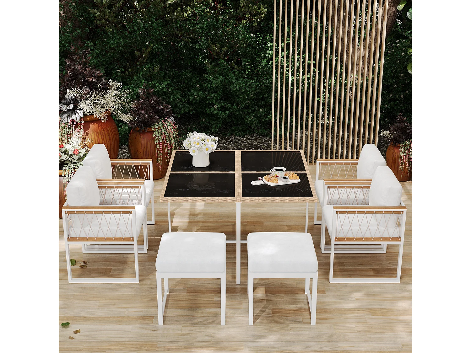 Set da pranzo da giardino per 6 personas, tavolo in vetro temperato, struttura in ferro zincato, 4 sedie, 2 sgabelli, 1 tavolo, Bianco