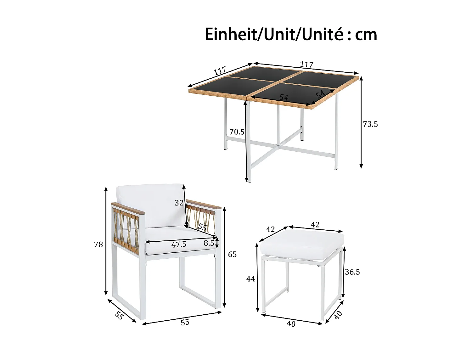 Set da pranzo da giardino per 6 personas, tavolo in vetro temperato, struttura in ferro zincato, 4 sedie, 2 sgabelli, 1 tavolo, Bianco