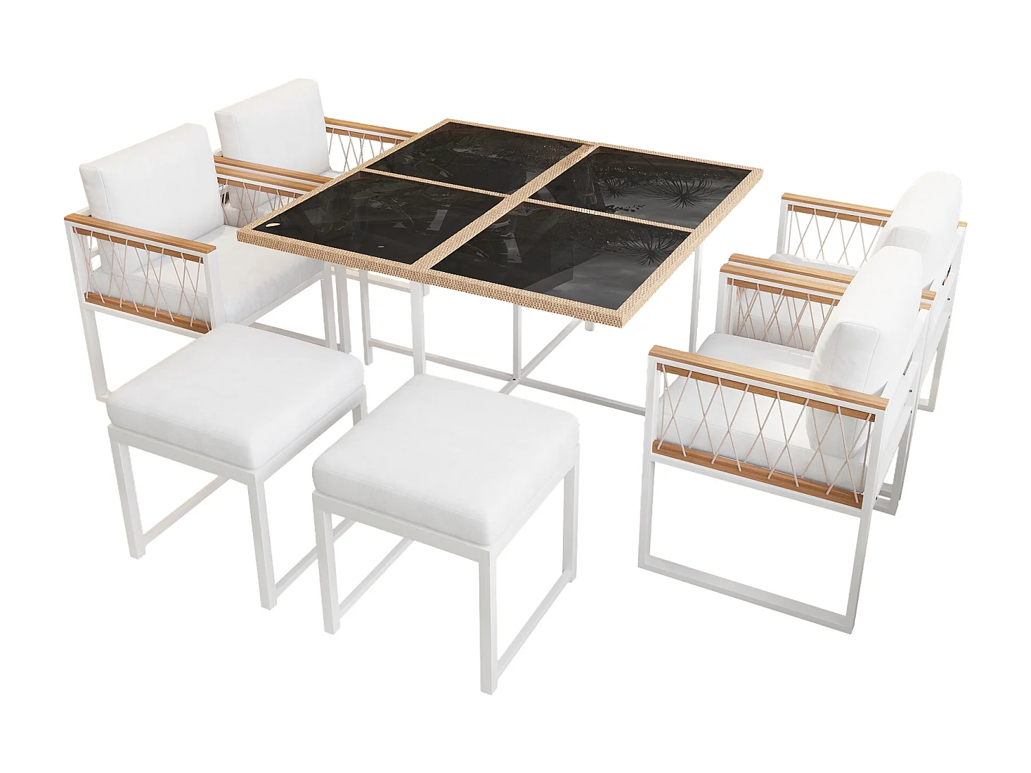 Set da pranzo da giardino per 6 personas, tavolo in vetro temperato, struttura in ferro zincato, 4 sedie, 2 sgabelli, 1 tavolo, Bianco